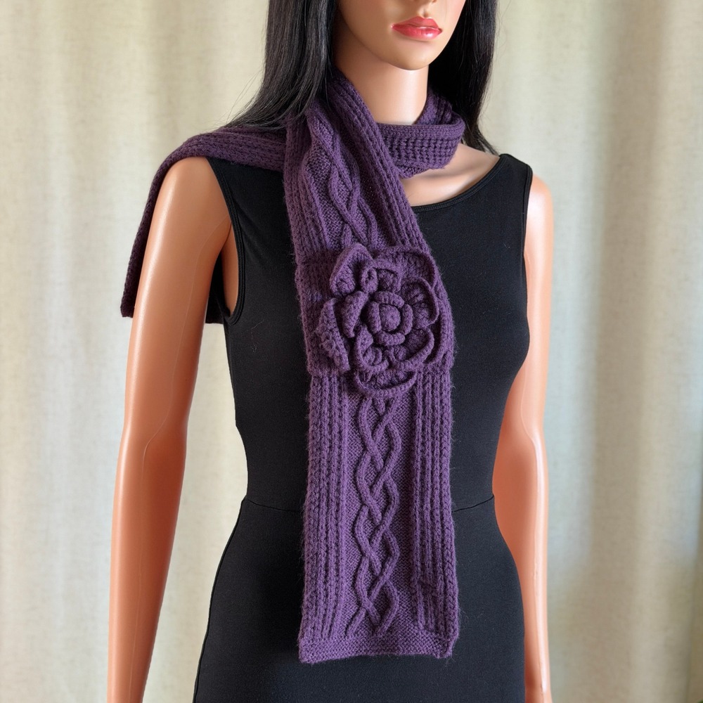 Mud Pie Purple Cable Knit Scarf 3D Flower Accent Plum Cottagecore Cabincore Cozy